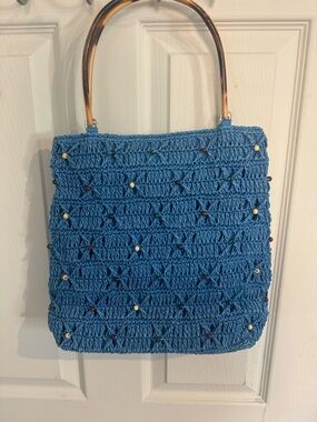 Talbots Bamboo Handle Straw Bag Purse Blue Tote Bucket Coastal Beachy